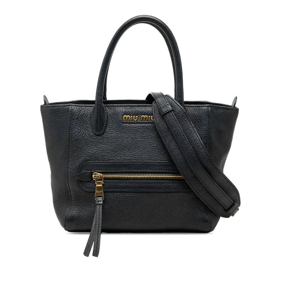 Miu Miu black goatskin Madras satchel dual top handles front zip pocket leather